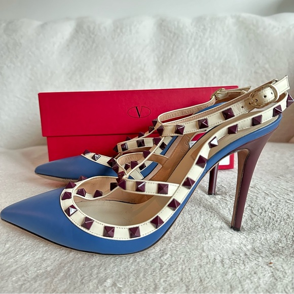Valentino Garavani Rockstud Ankle Strap Pump in Blue and Burgundy Size 39.5 EU - Picture 9 of 16